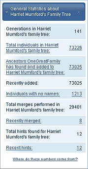 Statistical overview dashboard of a family tree showing depth and breadth